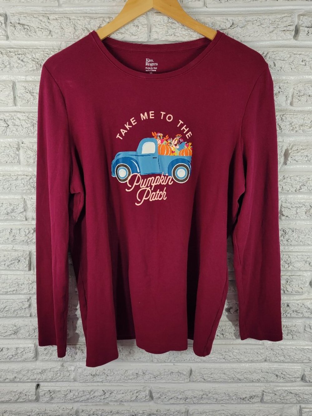 Kim Rogers Women's XL Long Sleeve Tee Burgundy Pumpkin Patch Cotton NOV111XE